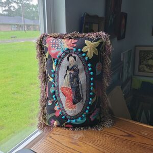 Vintage Geisha Needlepoint Pillow 22 x 16 Petit Point Fringe Oval Inset Pom Poms